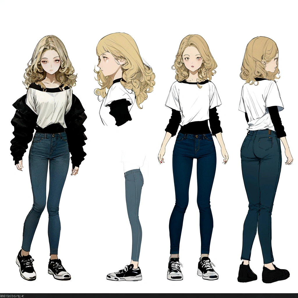 Frontal image, Concept art for characters, White background, whole body, Realism, permanent, 1 , Long curly blonde hair, Thin white long-sleeved shirt, Jeans and black sneakers, , Extremely beautiful, Reclusive attitude and introversion, Sketches of the characters around her, Beautiful shape and beauty of face and body