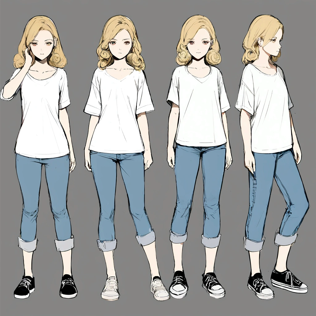 Frontal image, Concept art for characters, White background, whole body, Realism, permanent, 1 , Long curly blonde hair, Thin white long-sleeved shirt, Jeans and black sneakers, 17 years old, Extremely beautiful, Reclusive attitude and introversion, Sketches of the characters around her, Beautiful shape and beauty of face and body