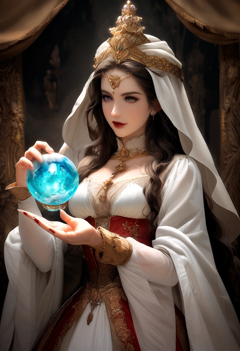 Arabian woman in white dress holding a crystal ball, beautiful magician, a beautiful magician, fortune teller, ダークFantasy Womanmagician, magician woman, Fantasy Photography, magician, witch fairytale, fantasy victorian art, Elegant cinematic fantasy art, Fantasy Woman, portrait of a magician, Casting a Spell, the magician