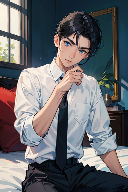 Young man with black hair, blue eyes, blue suit smokes in his room at night.