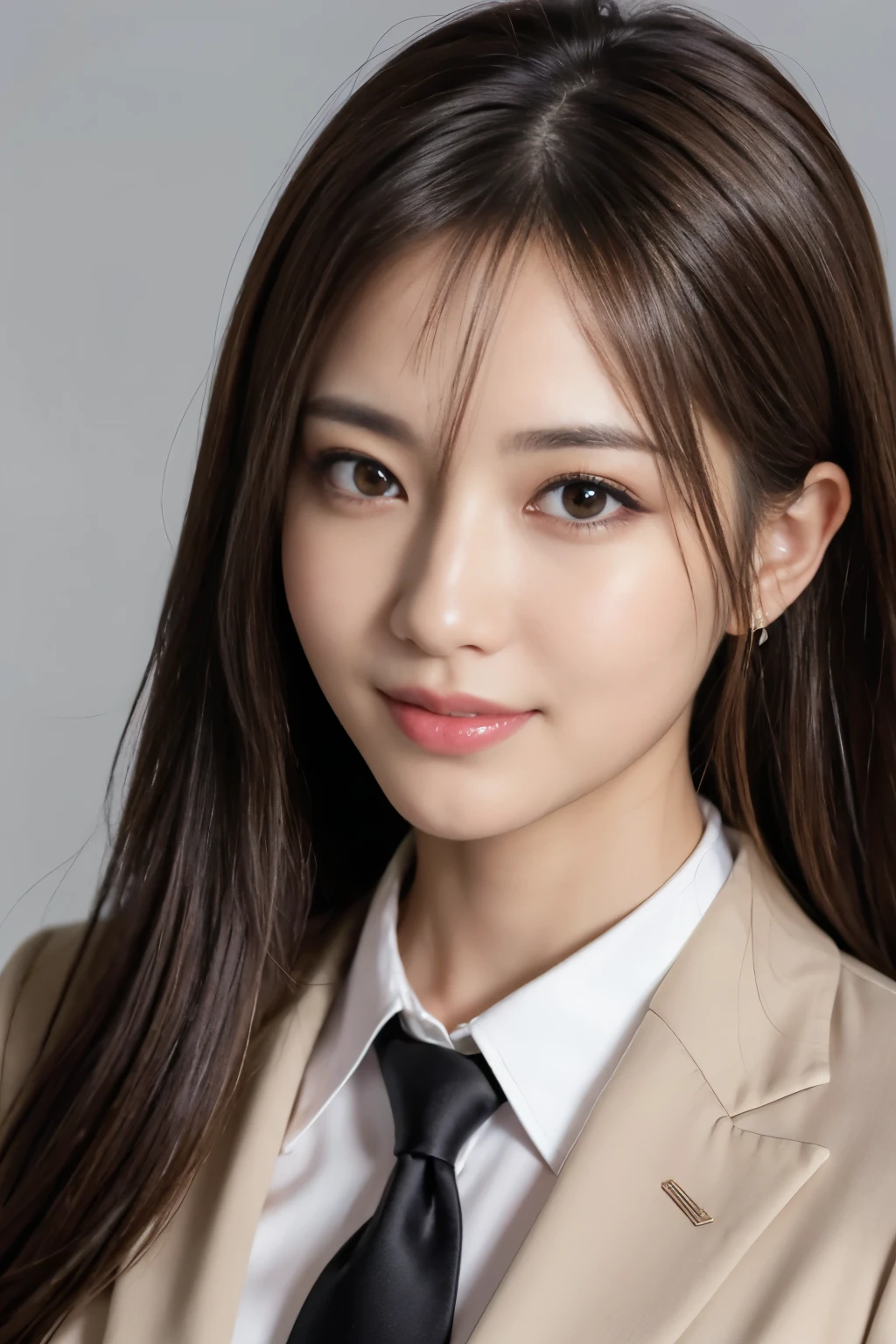 Tabletop, Japanese,highest quality, Realistic, Super detailed, In detail, High resolution, 8k wallpaper, 1. Beautiful Women,, Light brown messy hair, Wearing a business suit, Sharp focus, Perfect dynamic composition, Beautiful fine details, Fine hair, Detailed and realistic skin texture, smile, Close-up portrait, Model Body Type, White background,