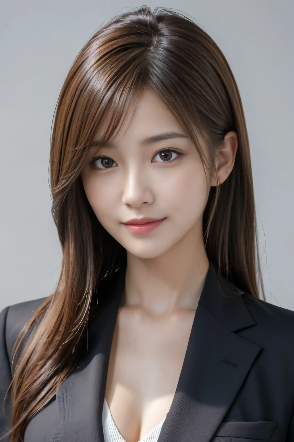 Tabletop, Japanese,highest quality, Realistic, Super detailed, In detail, High resolution, 8k wallpaper, 1. Beautiful Women,, Light brown messy hair, Wearing a business suit, Sharp focus, Perfect dynamic composition, Beautiful fine details, Fine hair, Detailed and realistic skin texture, smile, Close-up portrait, Model Body Type, White background, 