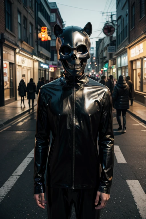 man wearing zentai and skull mask on a street