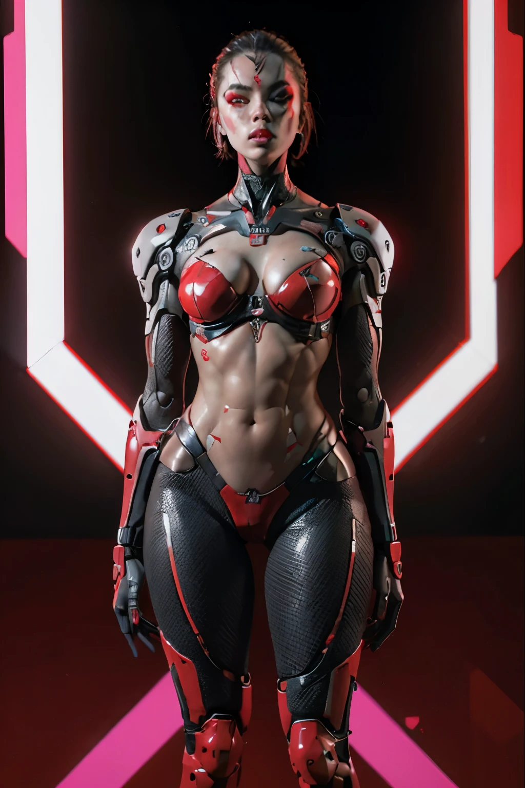 Mujer cyborg con un leotardo futurista, cuerpo perfecto, Piezas de robot, Ojos rojos brillantes, Red Minimal Background, Cara perfecta, aesthetic cyberpunk, Cyberpunk de terror, Darksynth Aesthetics, red neon lights, Neones rojos, Ultra detallado, fotorrealista, Obra maestra.