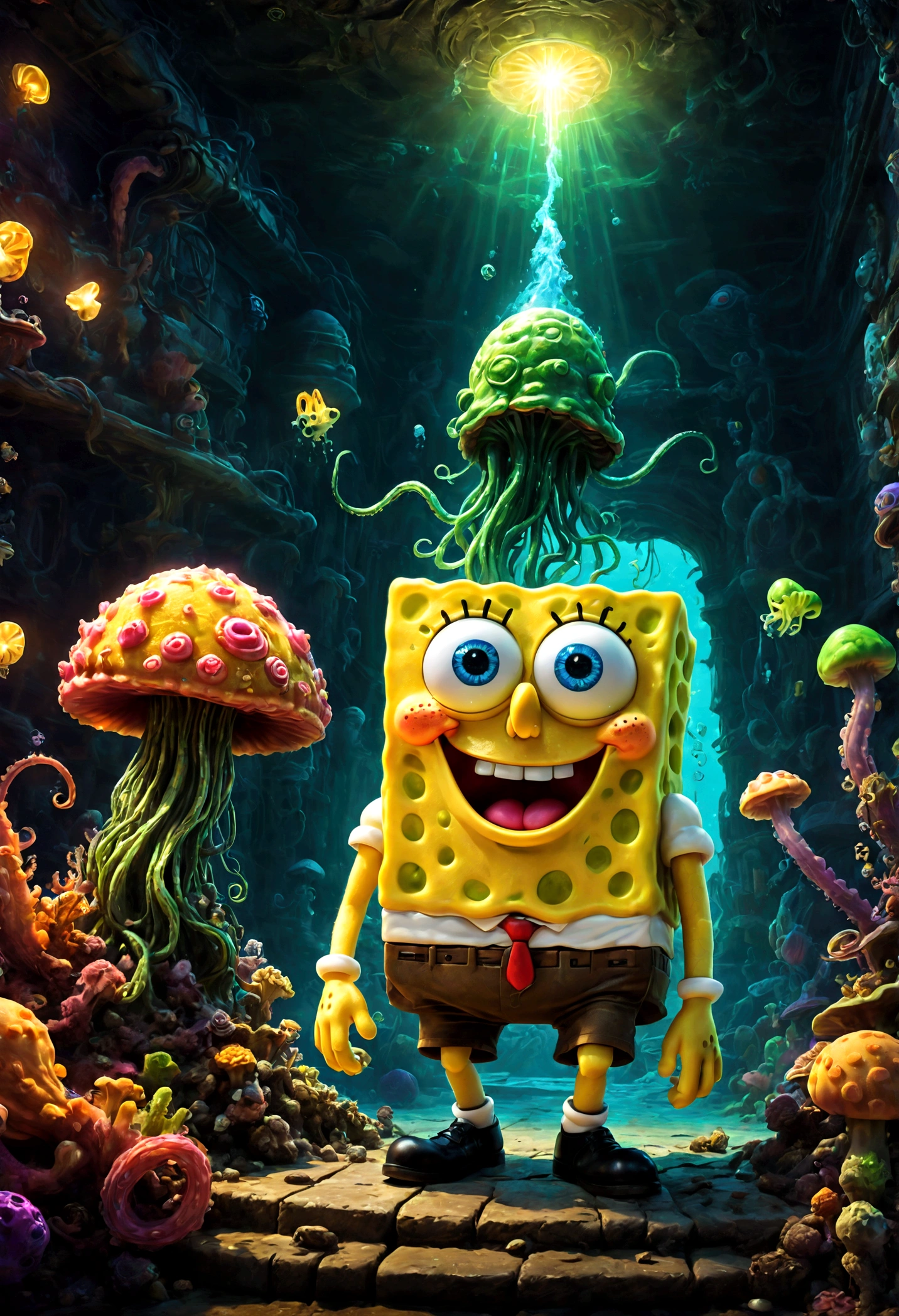 (SpongeBob SquarePants), Cthulhu building style, dramatic composition, cinematic dynamic action scene, vibrant colors, cinematic lighting, dramatic lighting, best quality, masterpiece, very aesthetic, perfect composition, intricate details, ultra-detailed