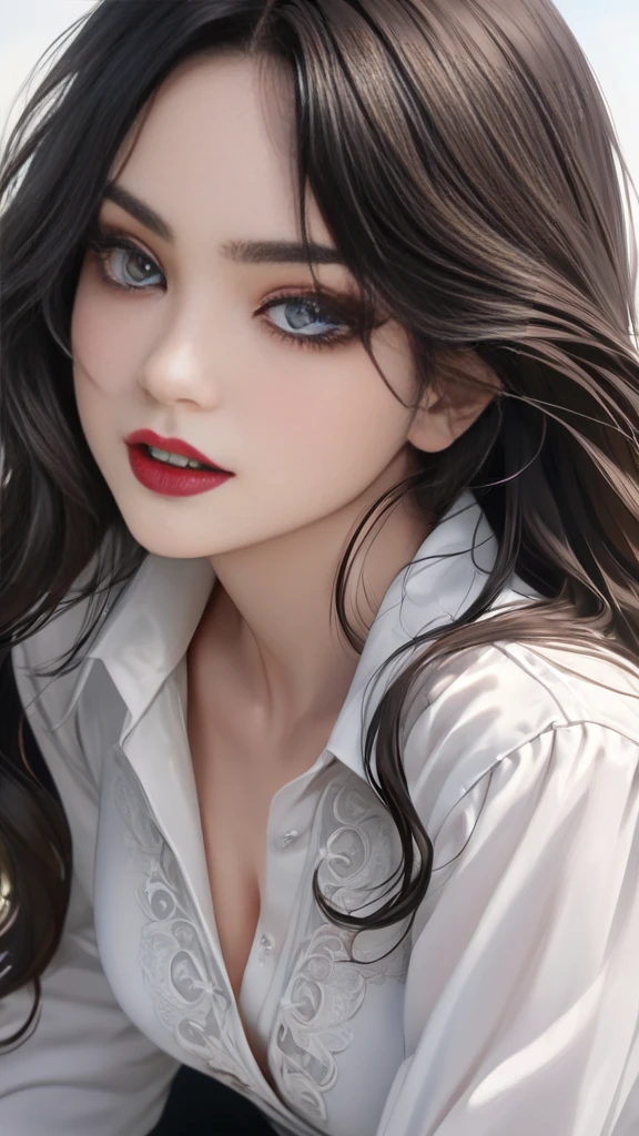 a woman with long wavy black hair,beautiful detailed eyes,beautiful detailed lips,extremely detailed eyes and face,longeyelashes,white blouse,long white trousers,sinister grin,pure evil,(best quality,4k,8k,highres,masterpiece:1.2),ultra-detailed,(realistic,photorealistic,photo-realistic:1.37),anime,white background