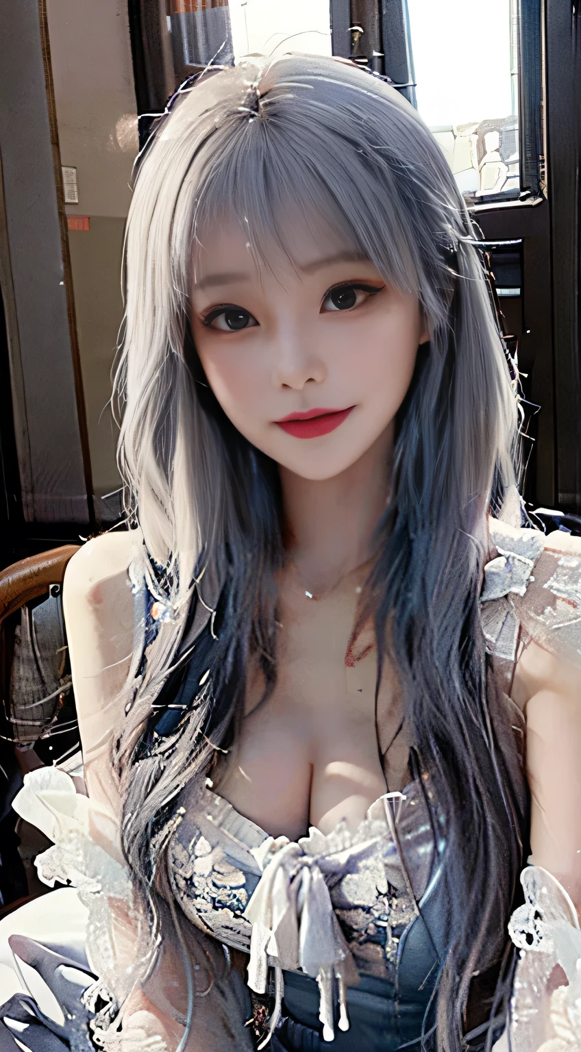 ,Big breasts,Chest squeezed in front,White liquid dripping on chest,White lace translucent,Long hair,Gray-blue hair color,Expose,Pretty face,Almond Eyes,Lovely smile