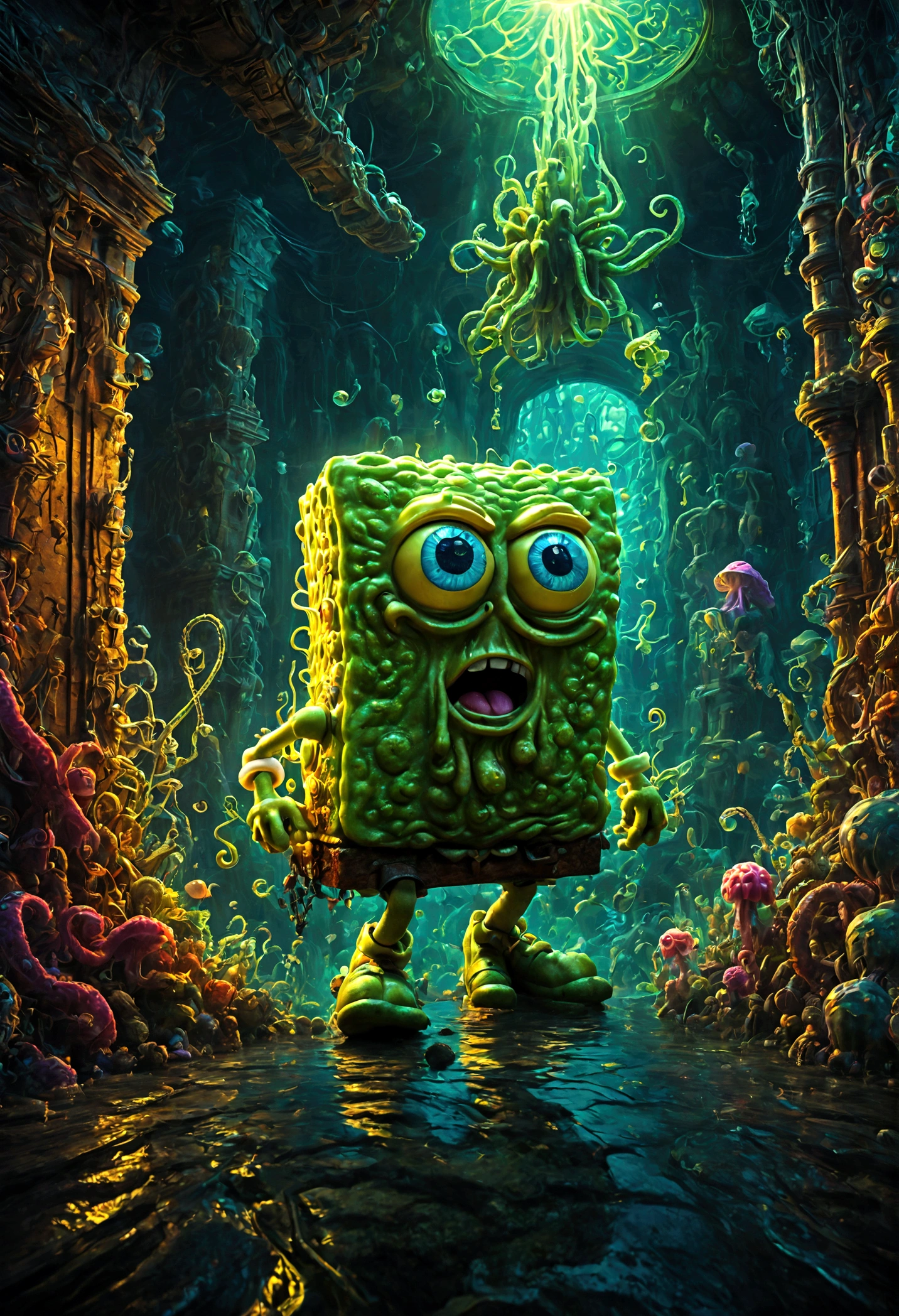 (SpongeBob SquarePants), Cthulhu building background, dramatic composition, cinematic dynamic action scene, vibrant colors, cinematic lighting, dramatic lighting, best quality, masterpiece, very aesthetic, perfect composition, intricate details, ultra-detailed