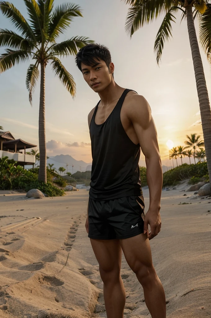 A young, muscular Asian man with short dark hair wearing a black tank top, standing in front of a tropical beach scene with palm trees and a sunset