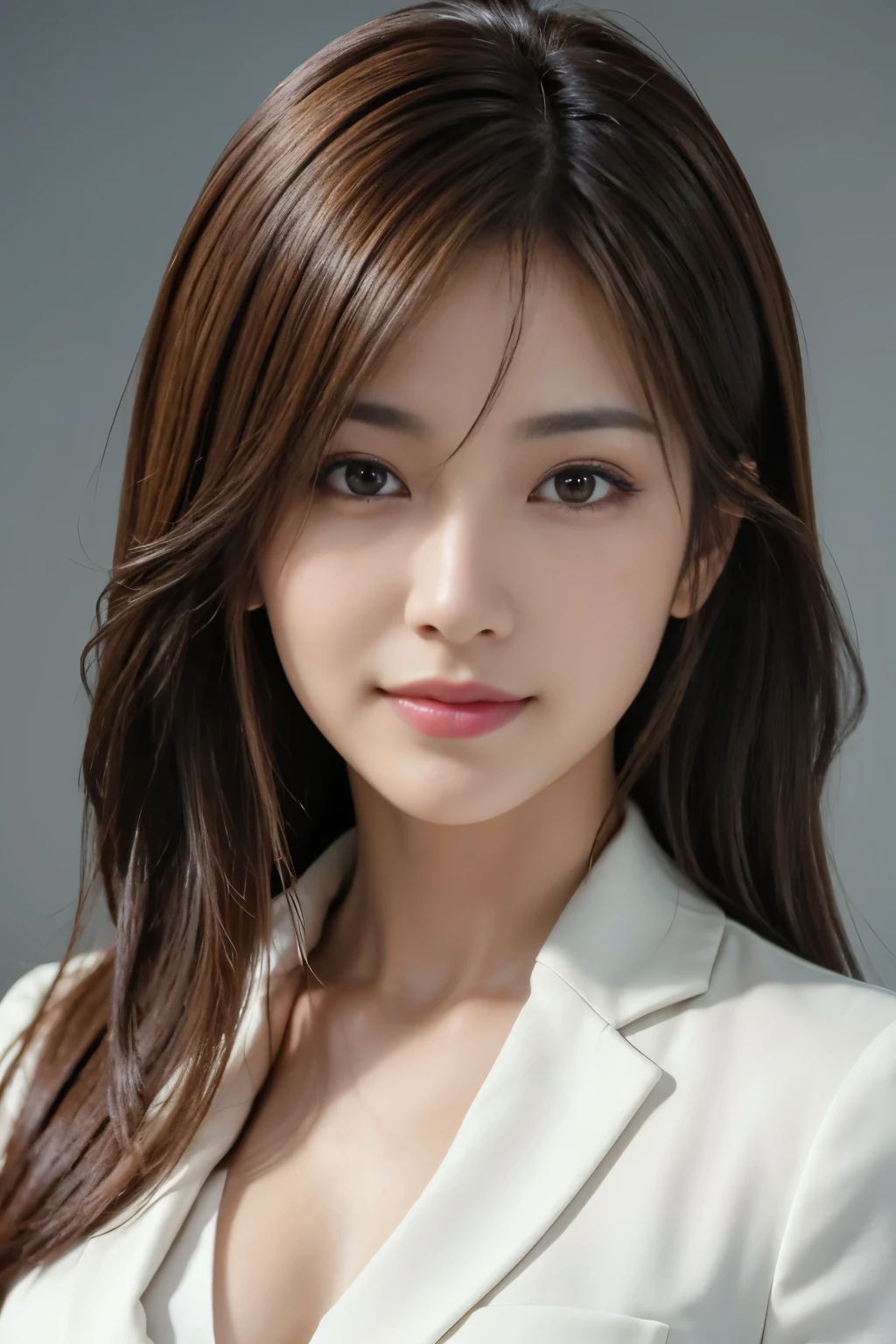 Tabletop, Japanese,highest quality, Realistic, Super detailed, In detail, High resolution, 8k wallpaper, 1. Beautiful Women,, Light brown messy hair, Wearing a business suit, Sharp focus, Perfect dynamic composition, Beautiful fine details, Fine hair, Detailed and realistic skin texture, smile, Close-up portrait, Model Body Type, White background,