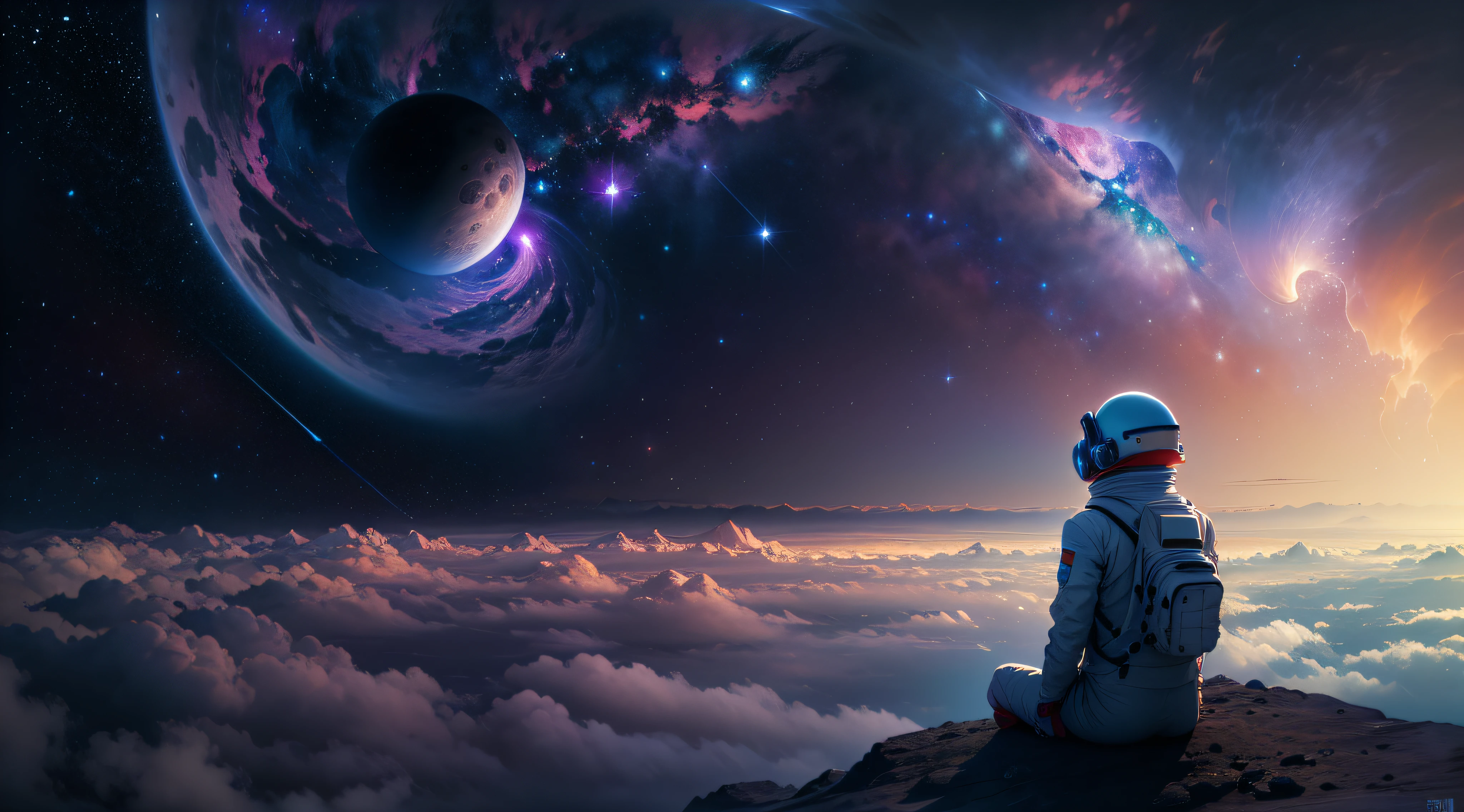 (best quality,ultra-detailed,photorealistic:1.37),solitary figure in the universe,cosmic landscape,lonely astronaut,gazing at the stars,infinite space,galactic wonders,serene and vast,deep darkness,ethereal glow,starry abyss,mysterious nebula,celestial symphony,captivating solitude,far-reaching galaxies,intense sense of isolation,unfathomable vastness,surreal beauty,luminous celestial bodies,dreamlike serenity,majestic cosmic solitude,colorful cosmic clouds,peaceful exploration,endless solitude,out-of-this-world experience,breathtaking cosmic views,primeval silence,floating in zero gravity,awe-inspiring tranquility,awe-inspiring tranquility,cosmic windows,immersive interstellar experience,calm void of space,boundless cosmic perspectives,isolated in the cosmos,space odyssey