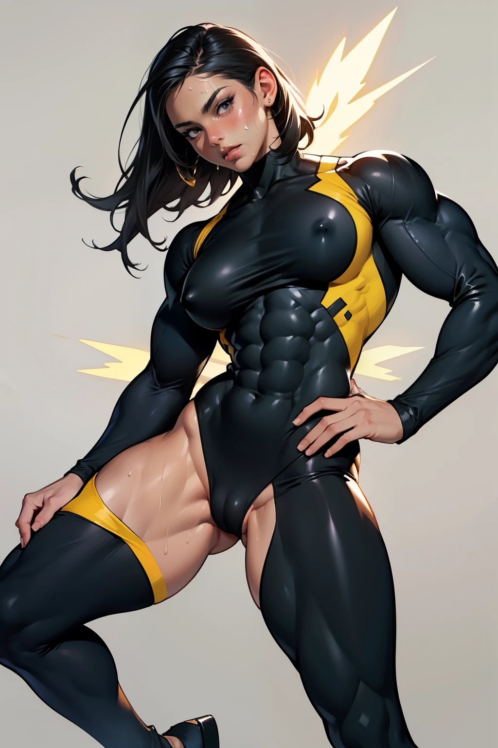 (high resolution, pixel perfect, gorgeous illustrations), (hyper quality, muste piece, etheric: 1.4), ((1girl)), woman, (((((stand,open legs))))), cool atmosphere, long black hair, ((Exquisite face)), ((naughty face)), (((((((muscular))))))), ((thick thighs)), (((wide hips))), ((Big breasts that are about to burst)), fighter, (superhero), (((black_zentai))), see through, (((cameltoe))), shiny skin, gleaming skin, sweat, simple background,