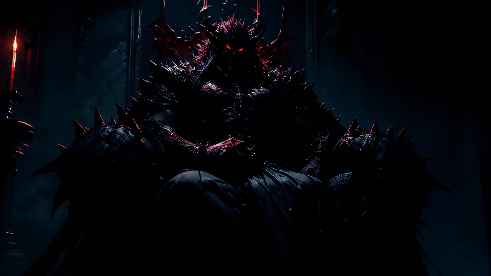 anime aestetics, demonic throne room, dark colors, dim light, cold colors, spiky throne, black stone collumns, gothic style, demon lord sitting on the throne, huge muscular demon, glowing eyes, long horns, scales armour, dark red skin, black scales, huge intimidating smile, angry eyes, long sharp teeth, wide shot, perspective, atmospheric perspective, highres, HD, 4K, best quality, masterpiece, super detail