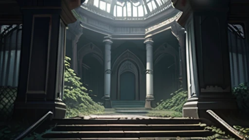 Horror, Anime Style, Dark atmosphere, Intricate details, Structure of the film, Dramatic Shadows, Mysterious, Creepy, Otherworldly, A calming color palette, Chiaroscuro lighting, Ultra-detailed, masterpiece, highest quality, 8k, Realistic, Abandoned amusement park, Entrance to the ruins covered in ivy, Creepyな静寂,