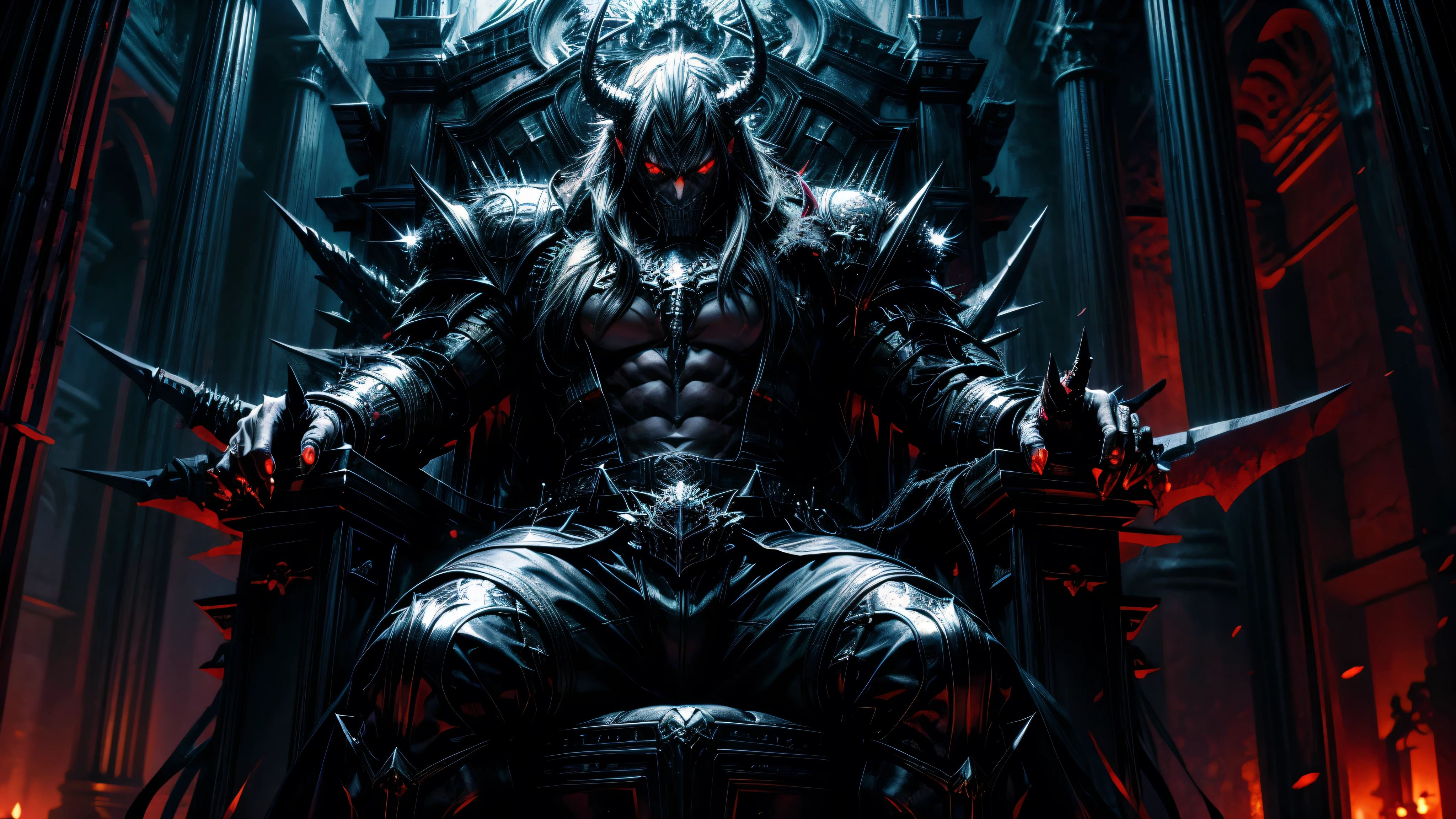anime aestetics, demonic throne room, dark colors, dim light, cold colors, spiky throne, black stone collumns, gothic style, demon lord sitting on the throne, huge muscular demon, glowing eyes, long horns, scales armour, dark red skin, black scales, huge intimidating smile, angry eyes, long sharp teeth, wide shot, perspective, atmospheric perspective, highres, HD, 4K, best quality, masterpiece, super detail