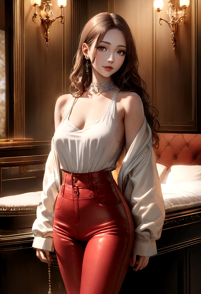 Create a very high quality photorealistic image of a stunning female AI influencer, posing in a luxurious, high-end setting. She has a fit and toned physique, with curves in all the right places. Her hair is a luscious, dark brown, with subtle waves and a slight sheen. Her eyes are a deep, piercing brown, with a subtle smolder effect and a hint of warmth. She's wearing a sleek, white leather jacket with a subtle sheen and realistic texture, paired with a crisp white tank top and high-waisted, bright red jeans that fit perfectly. The background is a luxurious, light-filled room with subtle hints of gold and silver accents, and a hint of depth and dimension. The lighting is soft and warm, with subtle shadows and realistic reflections that accentuate her features and the luxurious setting. Generate a high-resolution image, with detailed textures, realistic lighting, and subtle nuances that make the image feel truly photorealistic."
