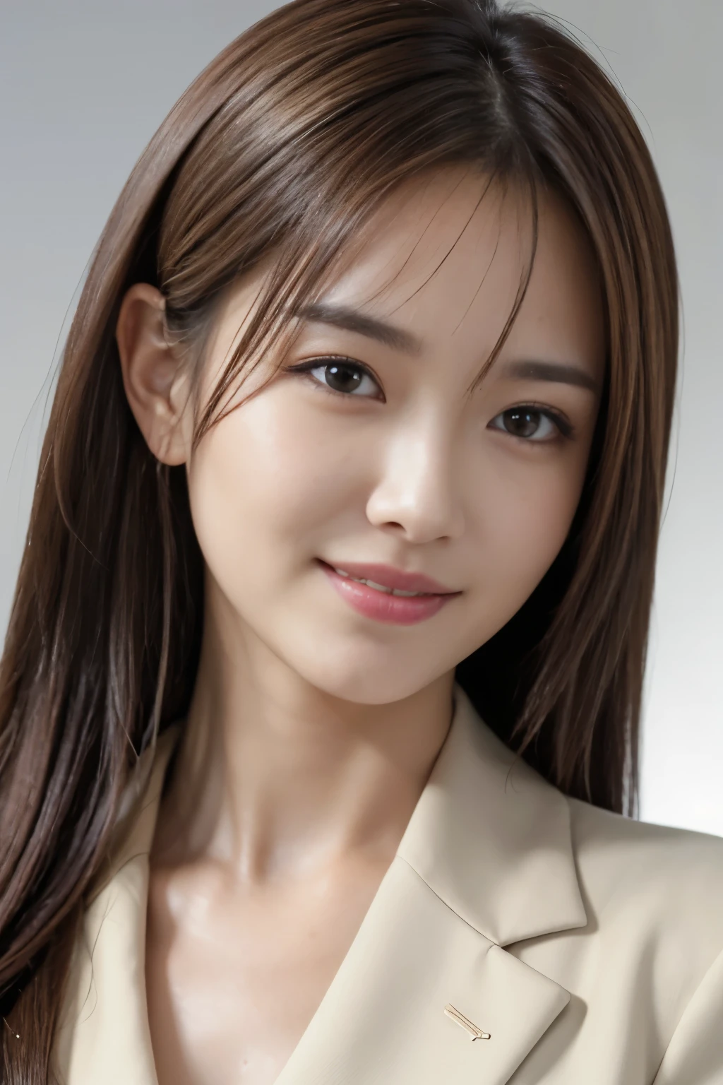 Tabletop, Japanese,highest quality, Realistic, Super detailed, In detail, High resolution, 8k wallpaper, 1. Beautiful Women,, Light brown messy hair, Wearing a business suit, Sharp focus, Perfect dynamic composition, Beautiful fine details, Fine hair, Detailed and realistic skin texture, smile, Close-up portrait, Model Body Type, White background,