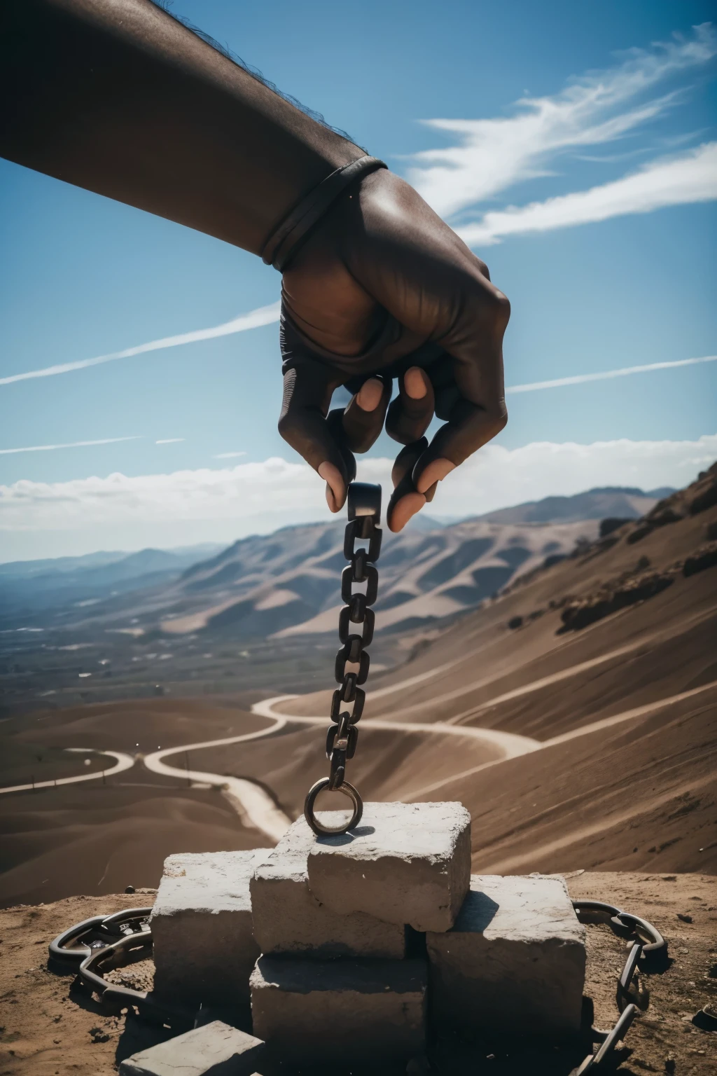 ((melhor qualidade)), ((Obra de arte)), (detalhado), Uma corrente de metal enferrujada quebrada por um punho negro erguido. Ao redor, pieces of chain fall to the ground, as the black fist rises towards the sky, in a gesture of victory and liberation.
symbol: This image evokes the struggle of black people against slavery and historical racism. The broken chain represents the end of oppression, and the raised fist symbolizes the strength and resistance of the black community.