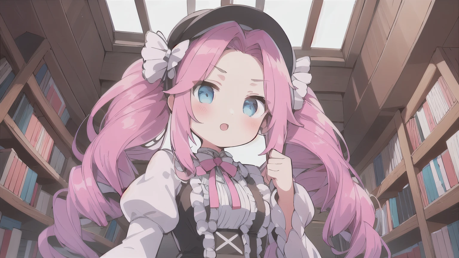 &quot;One Woman&quot;、young、blue eyes、Pink Hair、Long Hair、Drill-shaped twin-tail hairstyle、Wear a brim、White Lolita Fashion、Angle viewed from below、Upper Body、Room with bookshelf