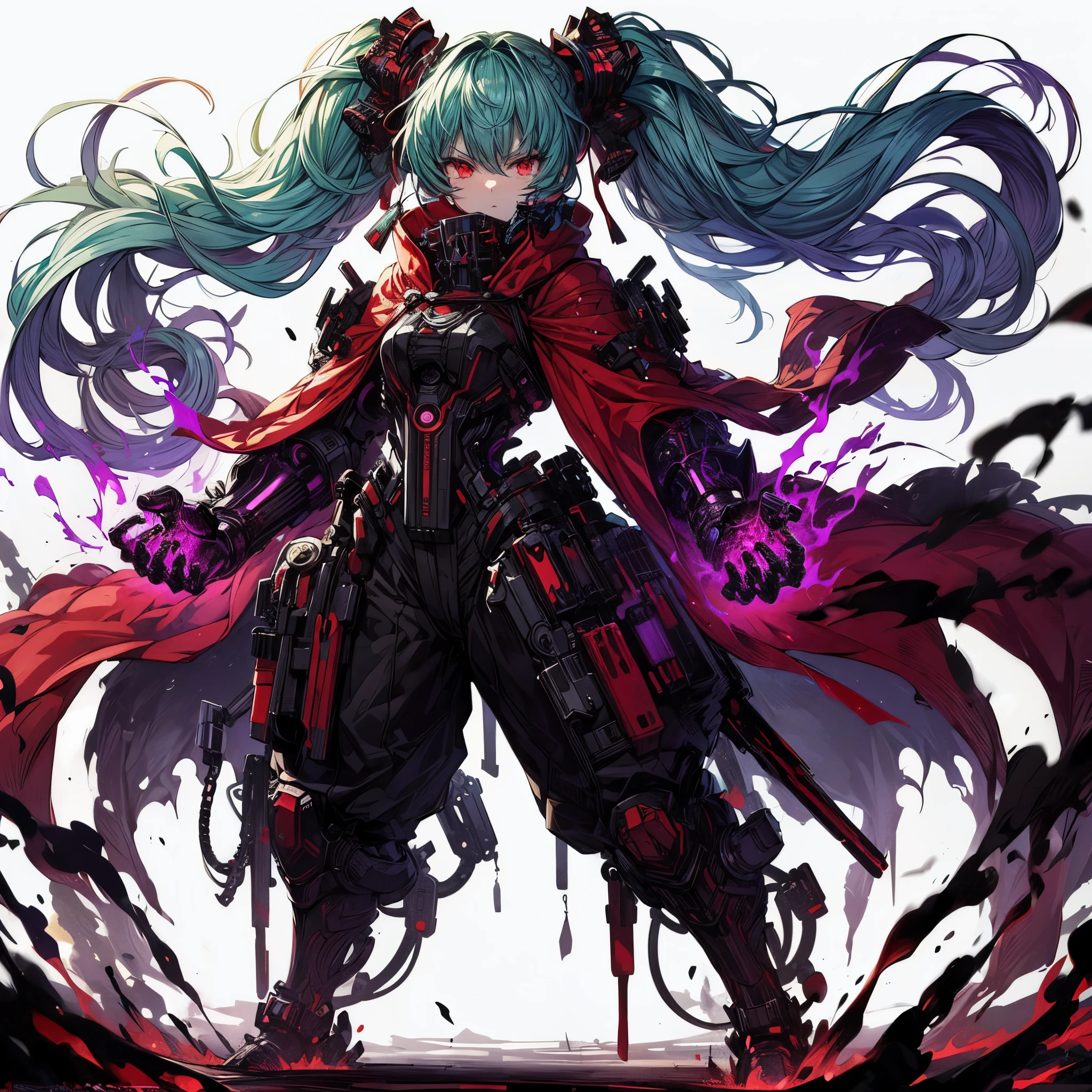 (masterpiece, Best Quality), (detailed hairs), Ultra-detailed, Anime style, Full body, solo, cyberpunk fighter girl, burned black mechanical limb, ((fists of black-purple flame)), Sea green two topknot hairstyle with red eyes, wearing raged red cloak and Cyber-suit, ultra-massive, tall stylish, VERY MASSIVE. Muscular, White background, standing full length, standing on burned earth, whole body