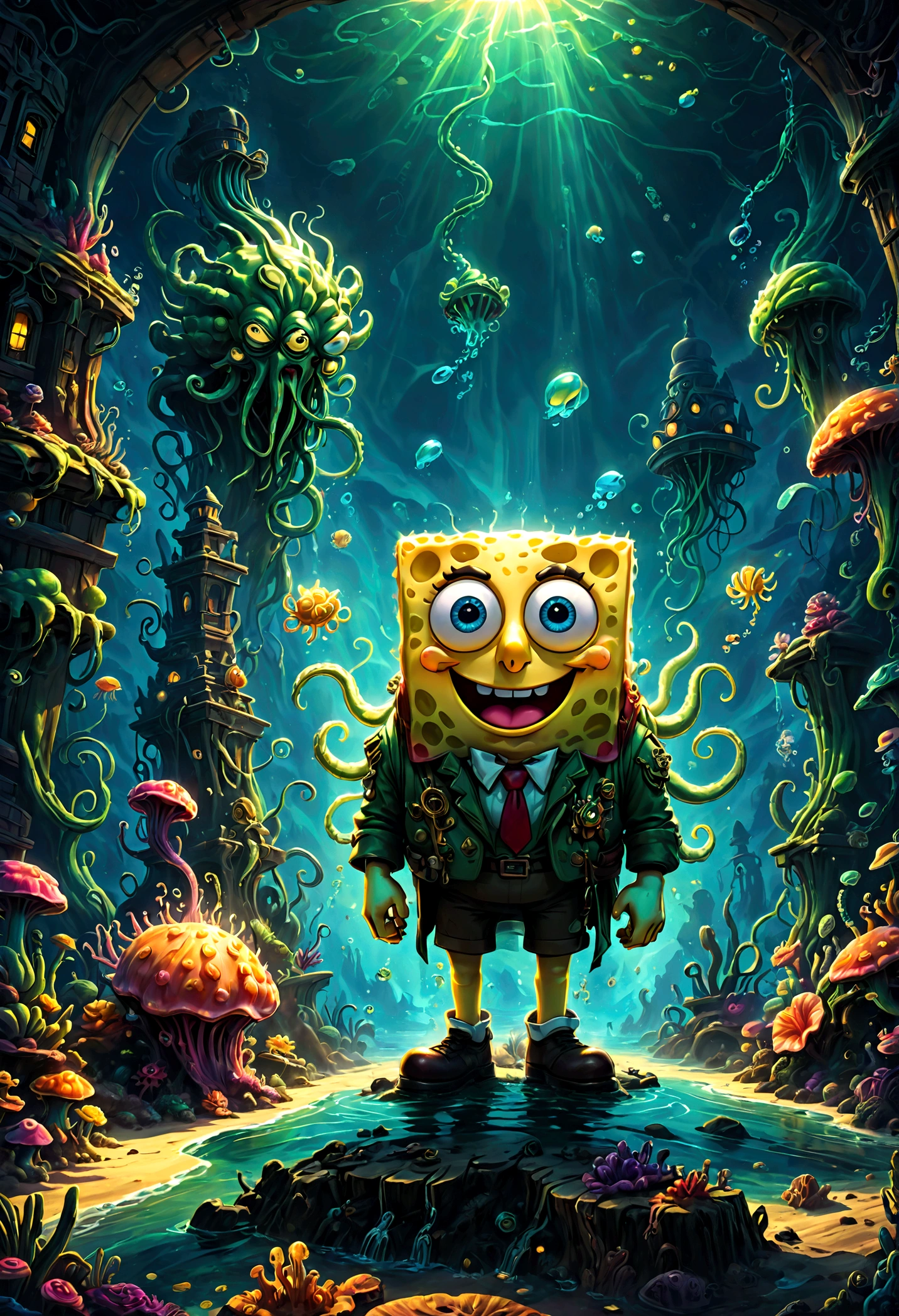(SpongeBob SquarePants), Cthulhu style background, dramatic composition, cinematic dynamic action scene, vibrant colors, cinematic lighting, dramatic lighting, best quality, masterpiece, very aesthetic, perfect composition, intricate details, ultra-detailed