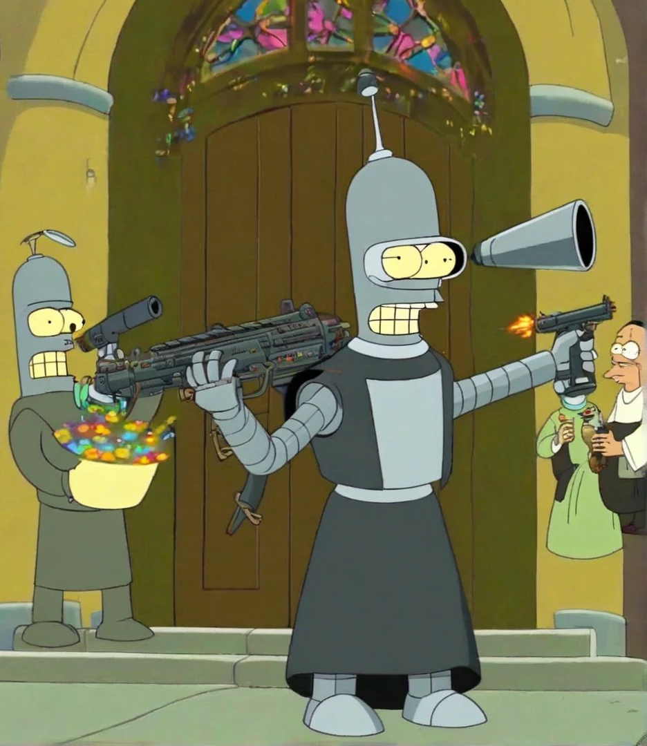 Bender wearing Nun Clothes holding Machinegun outside Church, Style of Futurama 