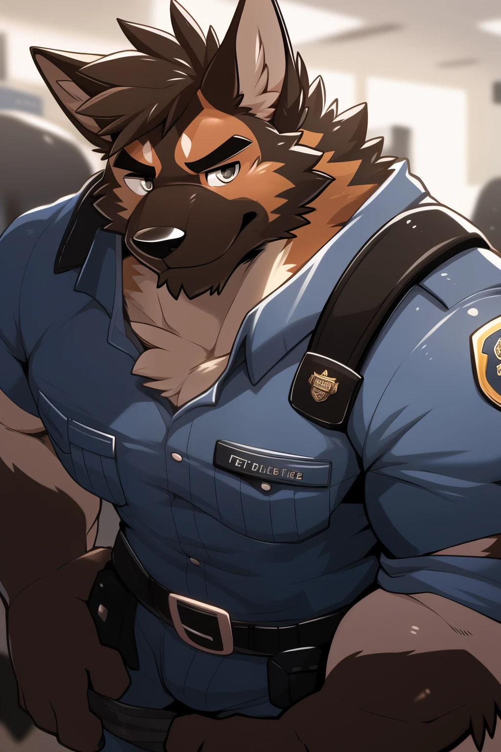 Author: Takemoto Arashi, (1 boy), One, belgian malinois, Men's Second, kemono, hot body, muscle, Beautiful, sexual, Attractive guy, (Detailed eyes), brows, (masterpiece, A high resolution, Best quality), 4K, a male, portrait, Beautiful shadow, pecs focus, Police uniform, police clothing, In the office, 