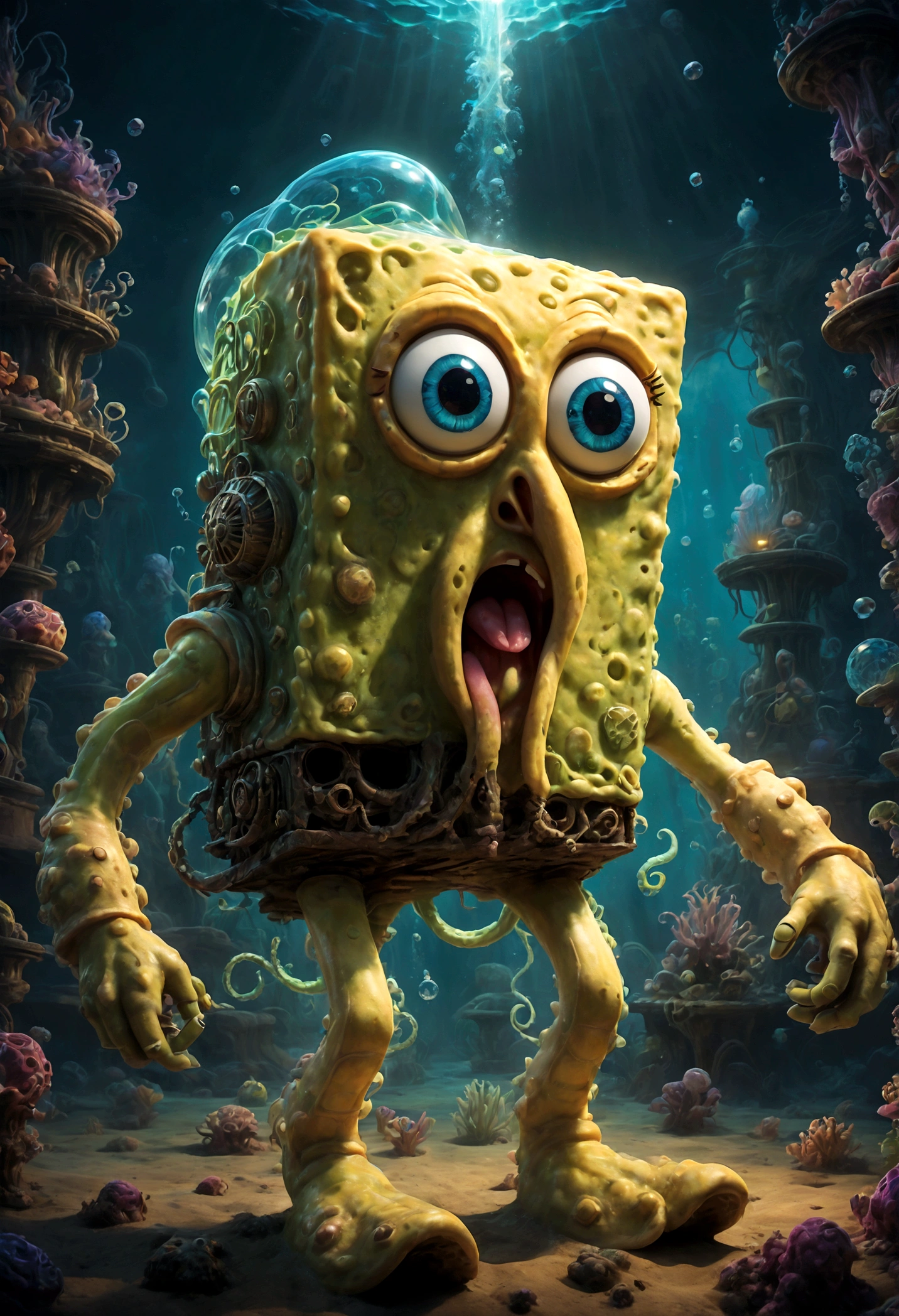 (SpongeBob SquarePants), Cthulhu style background, dramatic composition, cinematic dynamic action scene, vibrant colors, cinematic lighting, dramatic lighting, best quality, masterpiece, very aesthetic, perfect composition, intricate details, ultra-detailed