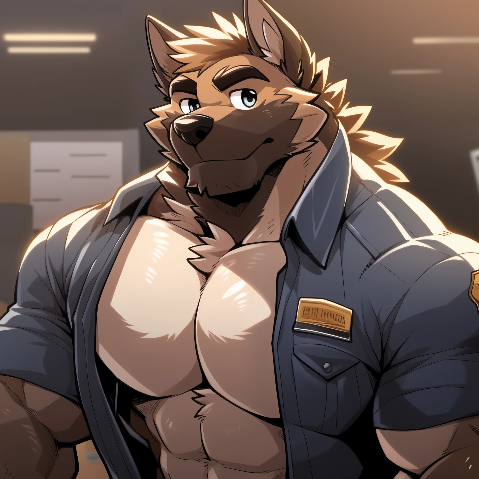 Author: Takemoto Arashi, (1 boy), One, belgian malinois, Men's Second, kemono, hot body, muscle, Beautiful, sexual, Attractive guy, (Detailed eyes), brows, (masterpiece, A high resolution, Best quality), 4K, a male, portrait, Beautiful shadow, pecs focus, Police uniform, police clothing, In the office, 