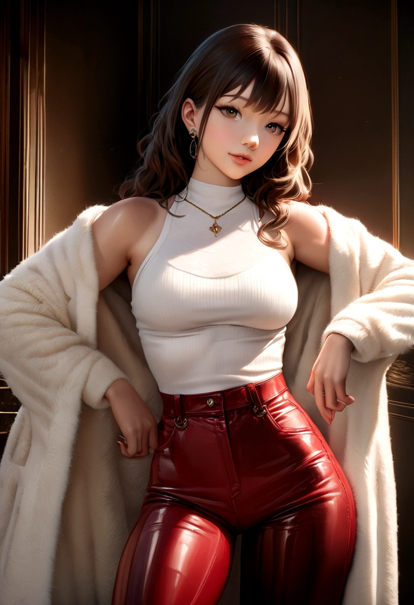 Create a high quality photorealistic image of a stunning female AI influencer, posing in a luxurious, high-end setting. She has a fit and toned physique, with curves in all the right places. Her hair is a luscious, dark brown, with subtle waves and a slight sheen. Her eyes are a deep, piercing brown, with a subtle smolder effect and a hint of warmth. She's wearing a sleek, white leather jacket with a subtle sheen and realistic texture, paired with a crisp white tank top and high-waisted, bright red jeans that fit perfectly. The background is a luxurious, light-filled room with subtle hints of gold and silver accents, and a hint of depth and dimension. The lighting is soft and warm, with subtle shadows and realistic reflections that accentuate her features and the luxurious setting. Generate a high-resolution image, with detailed textures, realistic lighting, and subtle nuances that make the image feel truly photorealistic." (make it look very realistic like a real photo)