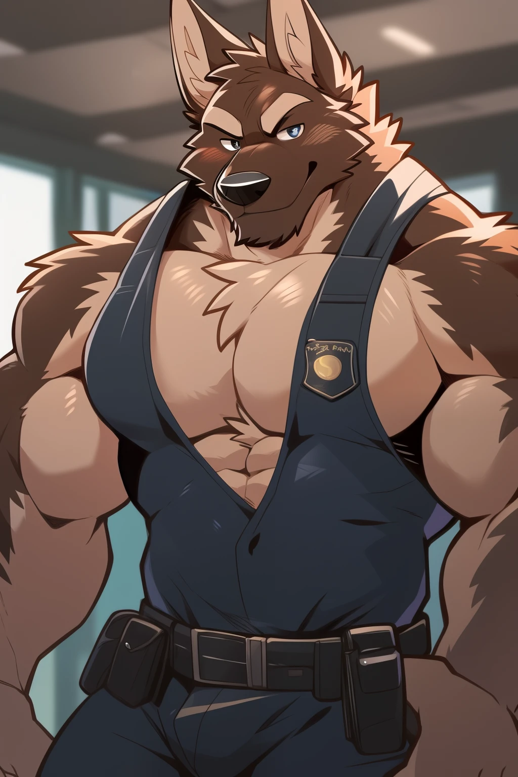 Author: Takemoto Arashi, (1 boy), One, belgian malinois, Men's Second, kemono, hot body, muscle, Beautiful, sexual, Attractive guy, (Detailed eyes), brows, (masterpiece, A high resolution, Best quality), 4K, a male, portrait, Beautiful shadow, pecs focus, Police uniform, police clothing, In the office, 