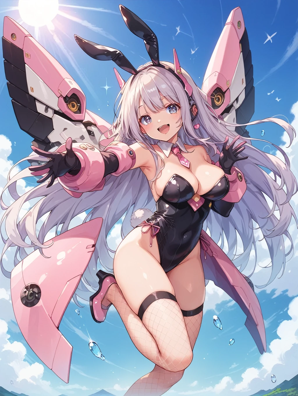 score_9, score_8_up, score_7_up, source_anime, masterpiece, best quality, high resolution, extremely detailed CG, absurdres, 1girl, cute sexy mecha girl in bunny suit, mecha bunny ears, fake animal ears, mecha armor,happy, kawaii, sky, jump, fishnet_thighhighs, large_breasts