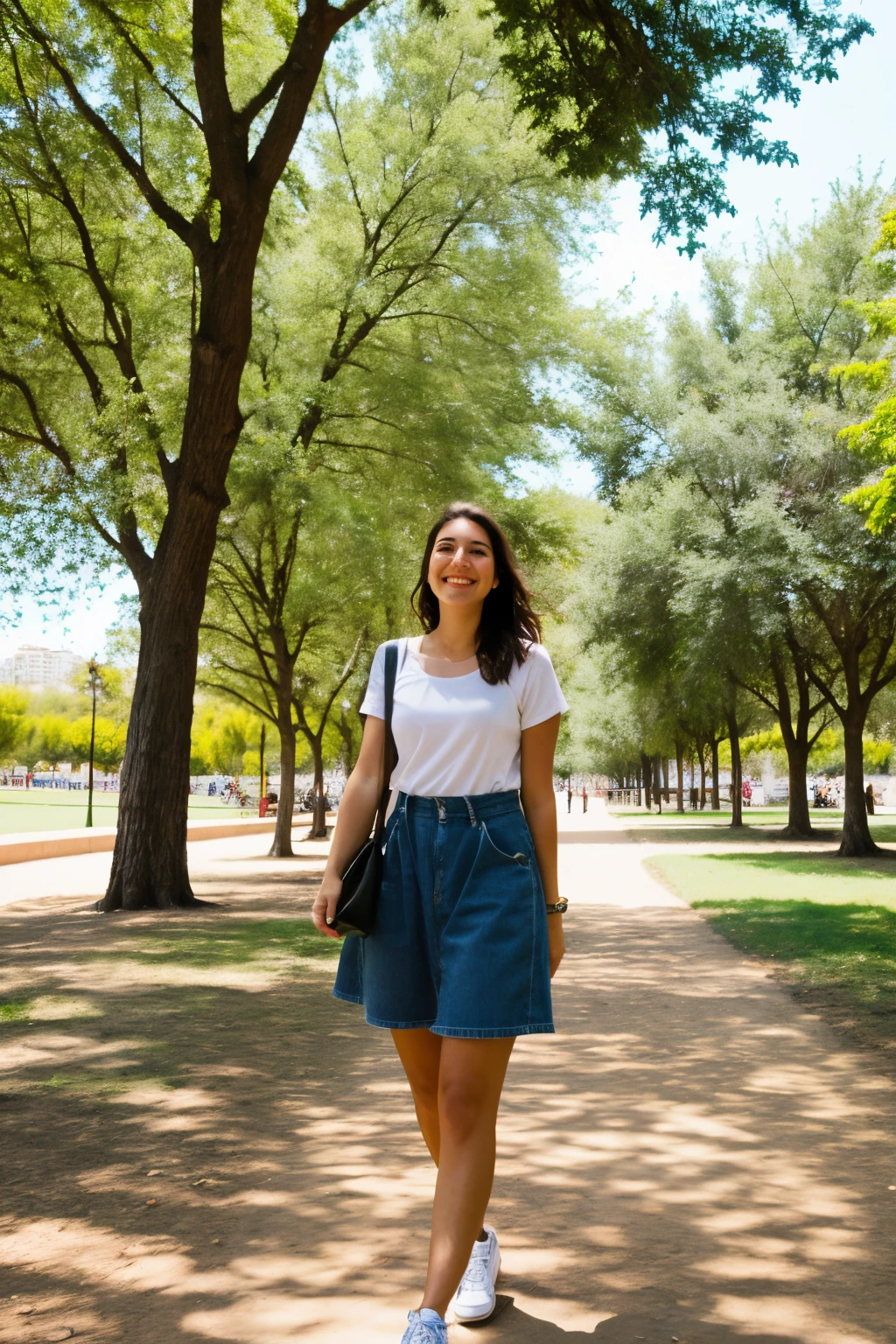 mujer joven feliz caminando en un parque guapa