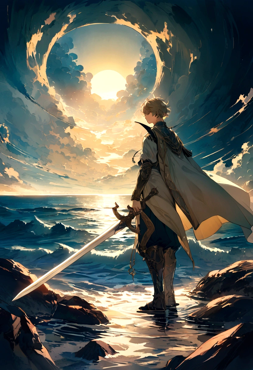 In a mesmerizing silhouetted scene of a giant moon with its surface pockmarked with vividly detailed craters, in a fantastical world bathed in ethereal light and illuminated by the sun, a young man carrying a sword stands confidently on a serene beach, staring straight ahead with determination at the eyes, with blue waves gently kissing the shore. Behind him, the landscape is both familiar and otherworldly, with ancient structures partially submerged in water, giving the impression that once upon a time there was a great civilization, now in ruins. He has spiky blond hair that shines in the sun, a reflection of his vibrant and adventurous spirit. Around the neck hangs a distinctive pendant, reflecting the light with a touch of mystery. In his hand he holds an enormous sword, beautifully crafted and ornamented with stones, its blade glowing with a magical aura, suggesting that this weapon is not just for combat. The atmosphere is filled with a sense of tranquility, mystery, serenity and adventure. The young man looks at the horizon with a determined and victorious expression, as if he is ready to embark on a new journey, face an imminent challenge or cast a powerful spell, ((front view))