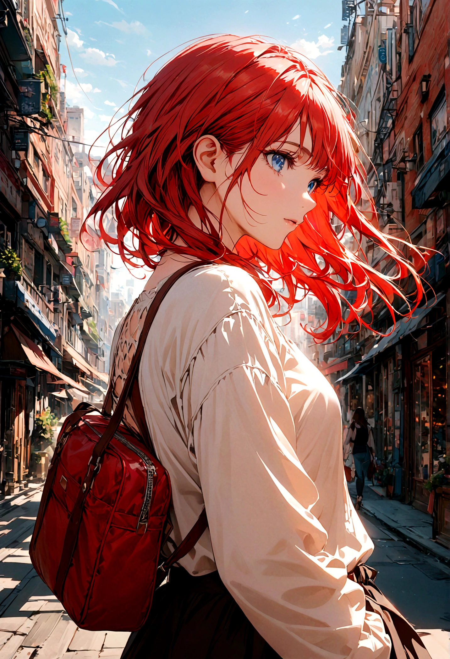 A woman with long red hair and blue eyes wears casual clothes with her back facing the middle of the city during the day.