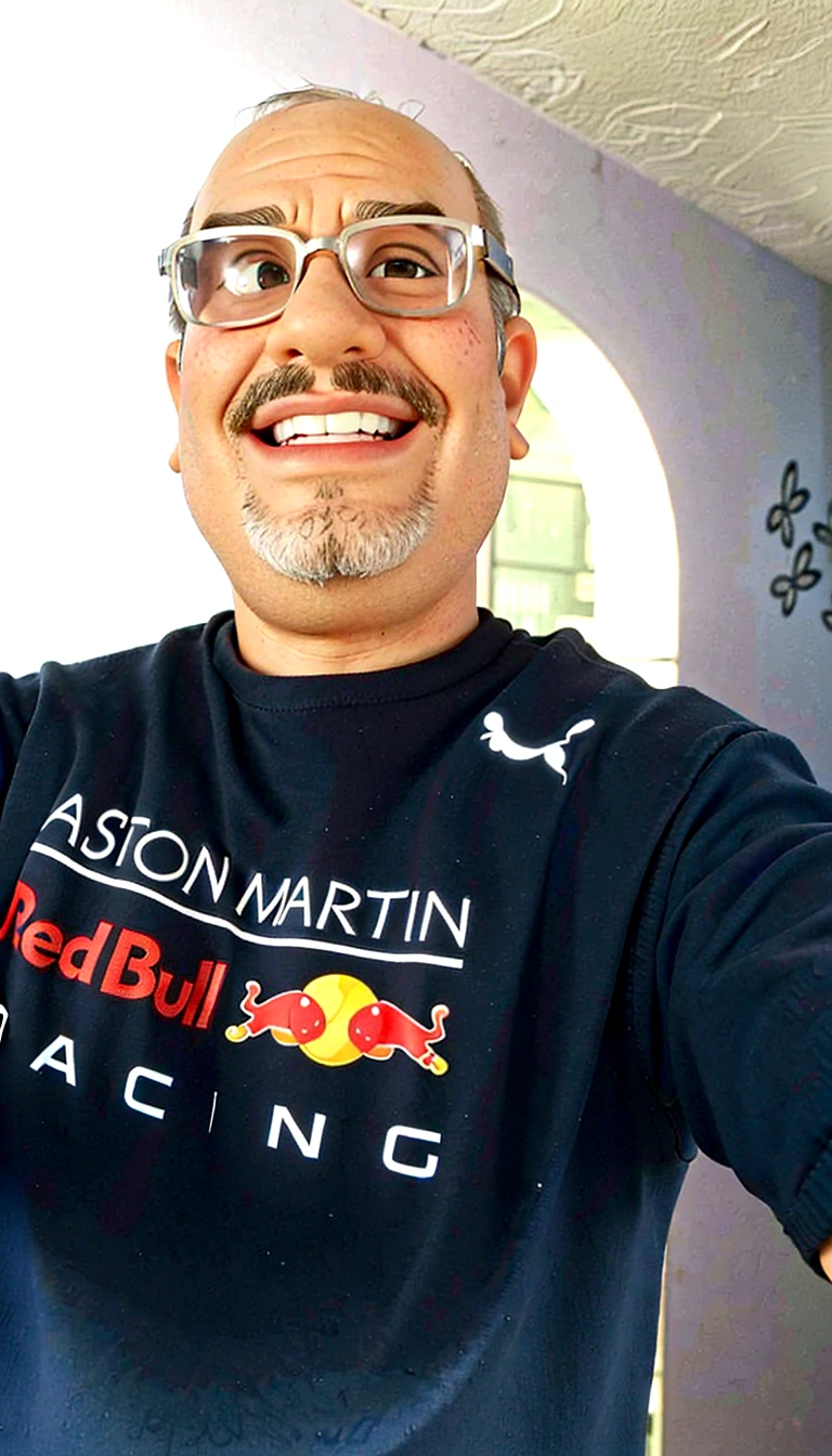 Make a man, adulto, careca, he is happy, como Disney Cartoon, na frente da sua loja de carros, Pixar, ..3d, Disney