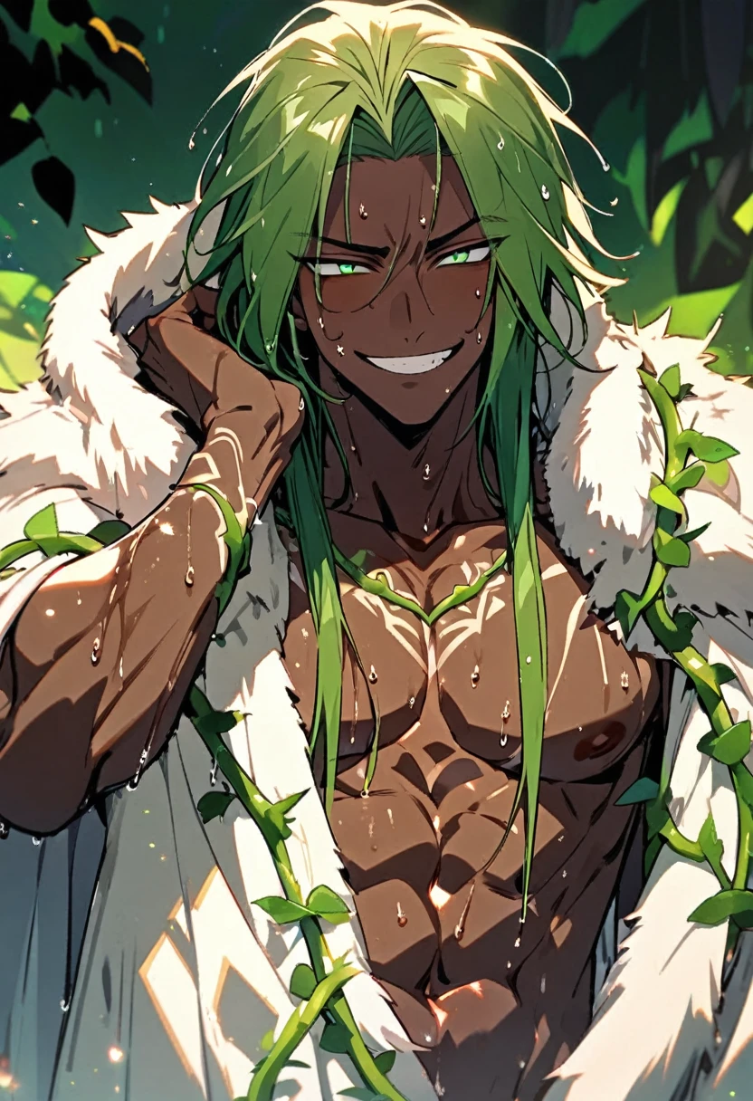 Handsome, solo, 1 male, African man,(((brown skin))), ((wet straight green hair)), green vibrant eyes, no shirt, tattoed green vines, white lion cloak, sadistic smile