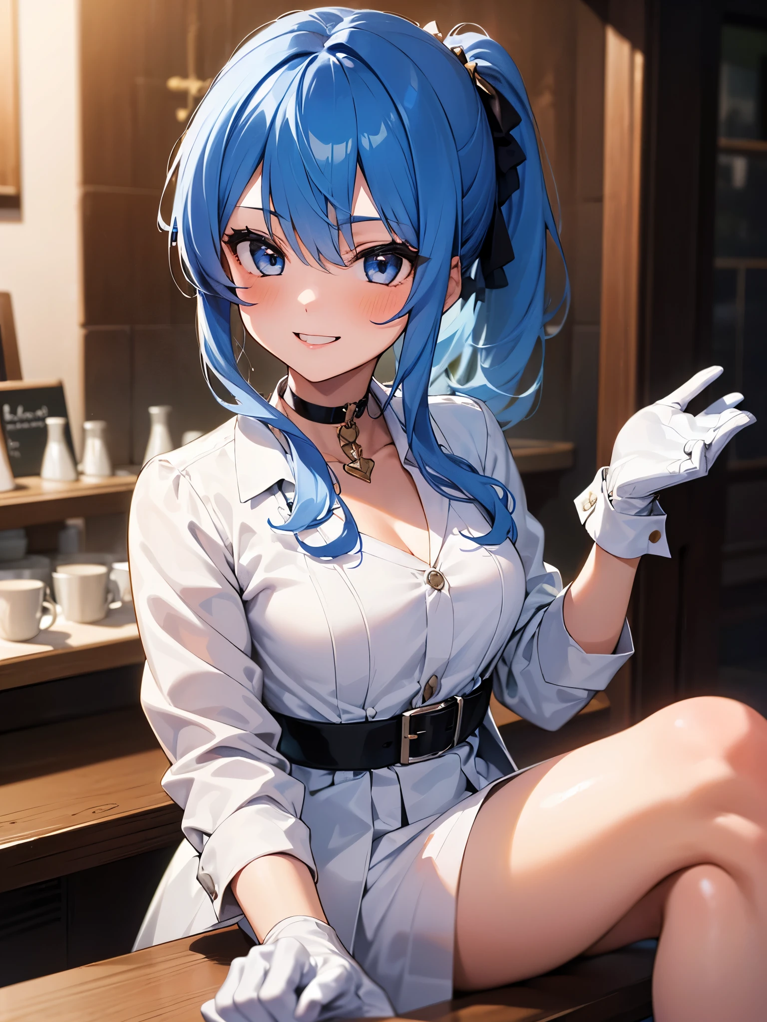 (One girl:1.5),Star Town Suisei、blue eyes、Blue Hair、choker、Hair between the eyes、Medium Hair、ponytail、星のchoker,Tuxedo,outer coat,gentleman,White gloves,(Perfect hands),(Perfect Anatomy),(masterpiece),(highest quality),Cool smile,Coffee shop