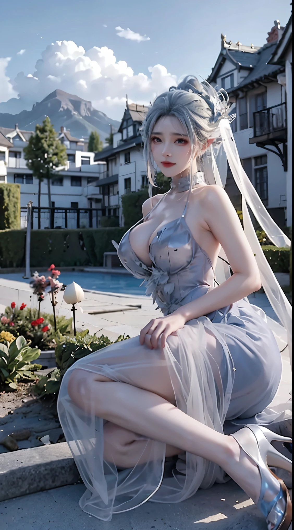 8k, Surreal, masterpiece, best quality, Super detailed, high resolution, random background, 1個Giant Breast Girl, (:1.5), Willow Yao, translucent dress，whole body，High heel，whole body，green hair，translucent wedding dress，garden,white dress,pink hair