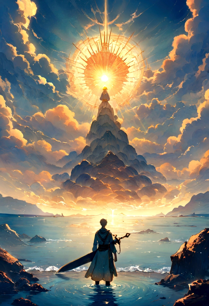 In a mesmerizing silhouetted scene of a giant moon with its surface pockmarked with vividly detailed craters, in a fantastical world bathed in ethereal light and illuminated by the sun, a young man carrying a sword stands confidently on a serene beach, staring straight ahead with determination at the eyes, with blue waves gently kissing the shore. Behind him, the landscape is both familiar and otherworldly, with ancient structures partially submerged in water, giving the impression that once upon a time there was a great civilization, now in ruins. He has spiky blond hair that shines in the sun, a reflection of his vibrant and adventurous spirit. Around the neck hangs a distinctive pendant, reflecting the light with a touch of mystery. In his hand he holds an enormous sword, beautifully crafted and ornamented with stones, its blade glowing with a magical aura, suggesting that this weapon is not just for combat. The atmosphere is filled with a sense of tranquility, mystery, serenity and adventure. The young man looks at the horizon with a determined and victorious expression, as if he is ready to embark on a new journey, face an imminent challenge or cast a powerful spell, (((front view))).
