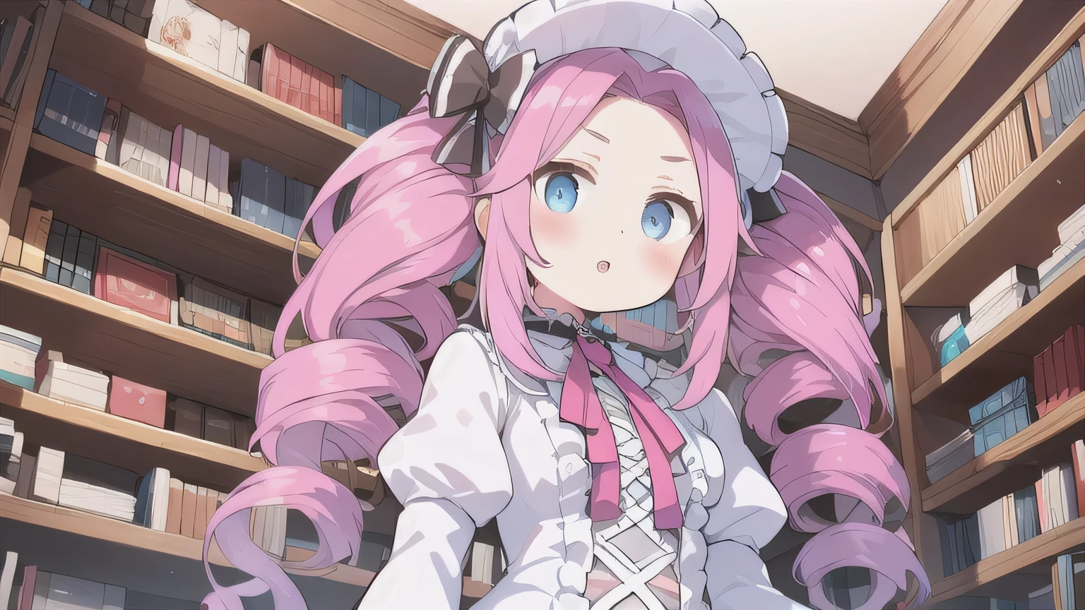 &quot;One Woman&quot;、young、blue eyes、Pink Hair、Long Hair、Drill-shaped twin-tail hairstyle、Wear a brim、White Lolita Fashion、Angle viewed from below、Upper Body、Room with bookshelf