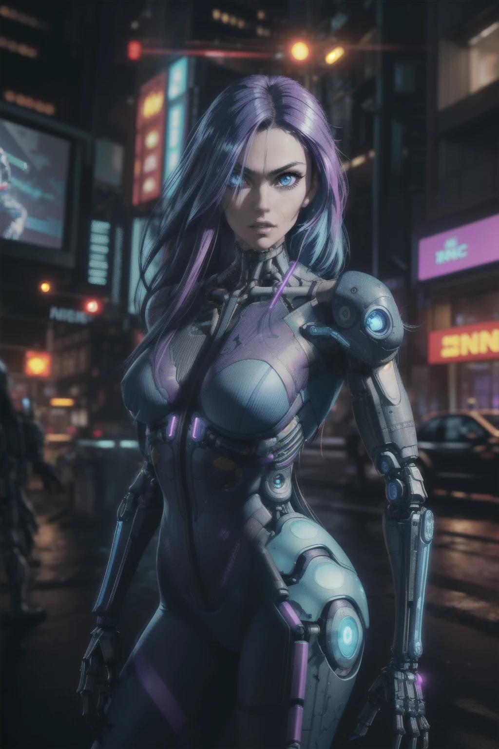 a portrait photography of a 32yo woman in neon purple long hair, (having bionic arms:1.5) from cyberpunk 2077 game, standing on top of building, rugged looking, (looking at viewer:1.5), action pose, (wearing cyberpunk style blue led suit:1.5), perfect eyes,  perfect iris, identical eyes, identical iris, face to body proportion, golden ratio, symmetrical eyes, symmetrical iris, balanced eyes, sharp eyes, realistic eyes,  perfect fingers,
