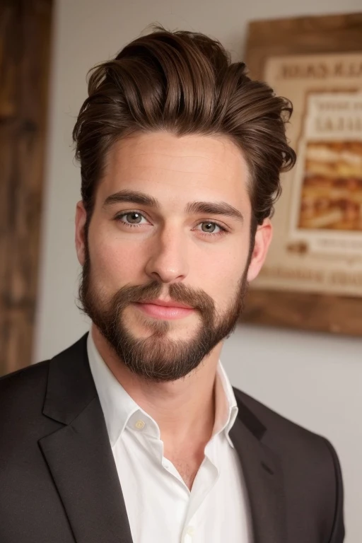 Handsome and handsome man, 35 ans, porter un costume, Intelligent, chaud, goddess, barbe, full lips, beautiful medium brown hair, fort, yeux marrons, du gel dans ses cheveux, hyper realistic, chef-d&#39;artwork, (( super detailed, pchaudorealistic ,8k)), porter une cravate bleu marine, faire preuve de réussite et d’intelligence, in front of the camera, je regarde le centre de la caméra (point culminant sur ses yeux), and serious and rude expression with a provocative face, marcher dans une nuit lumineuse dans une rue cyberpunk.