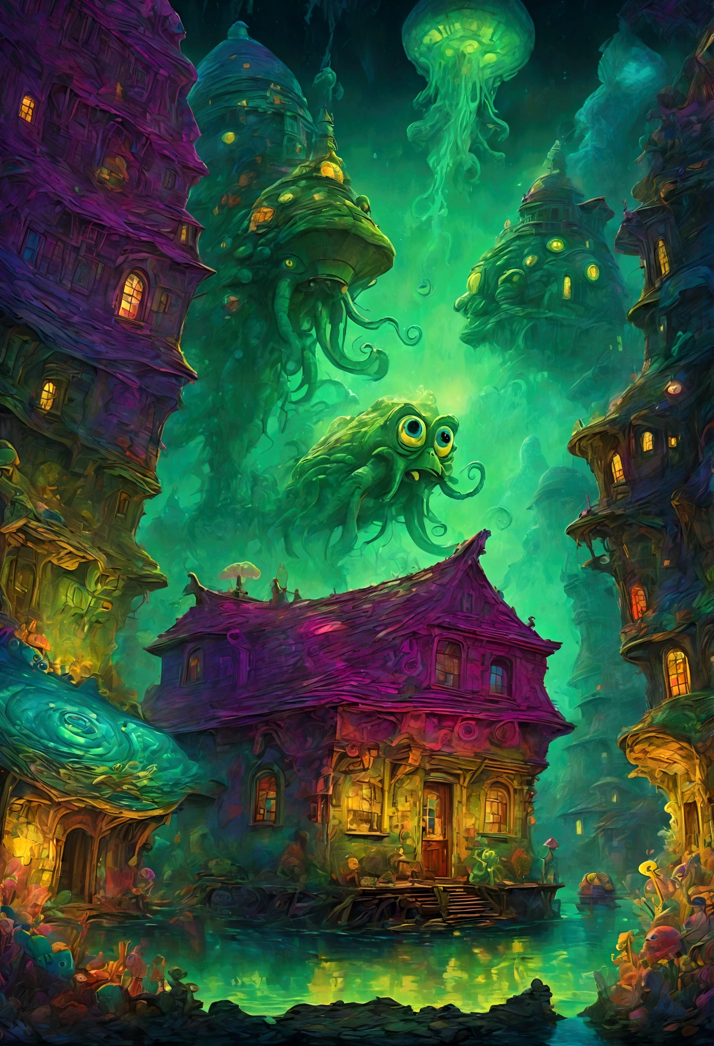 (SpongeBob SquarePants), looking at Cthulhu building, dramatic composition, cinematic dynamic action scene, vibrant colors, cinematic lighting, dramatic lighting, best quality, masterpiece, very aesthetic, perfect composition, intricate details, ultra-detailed