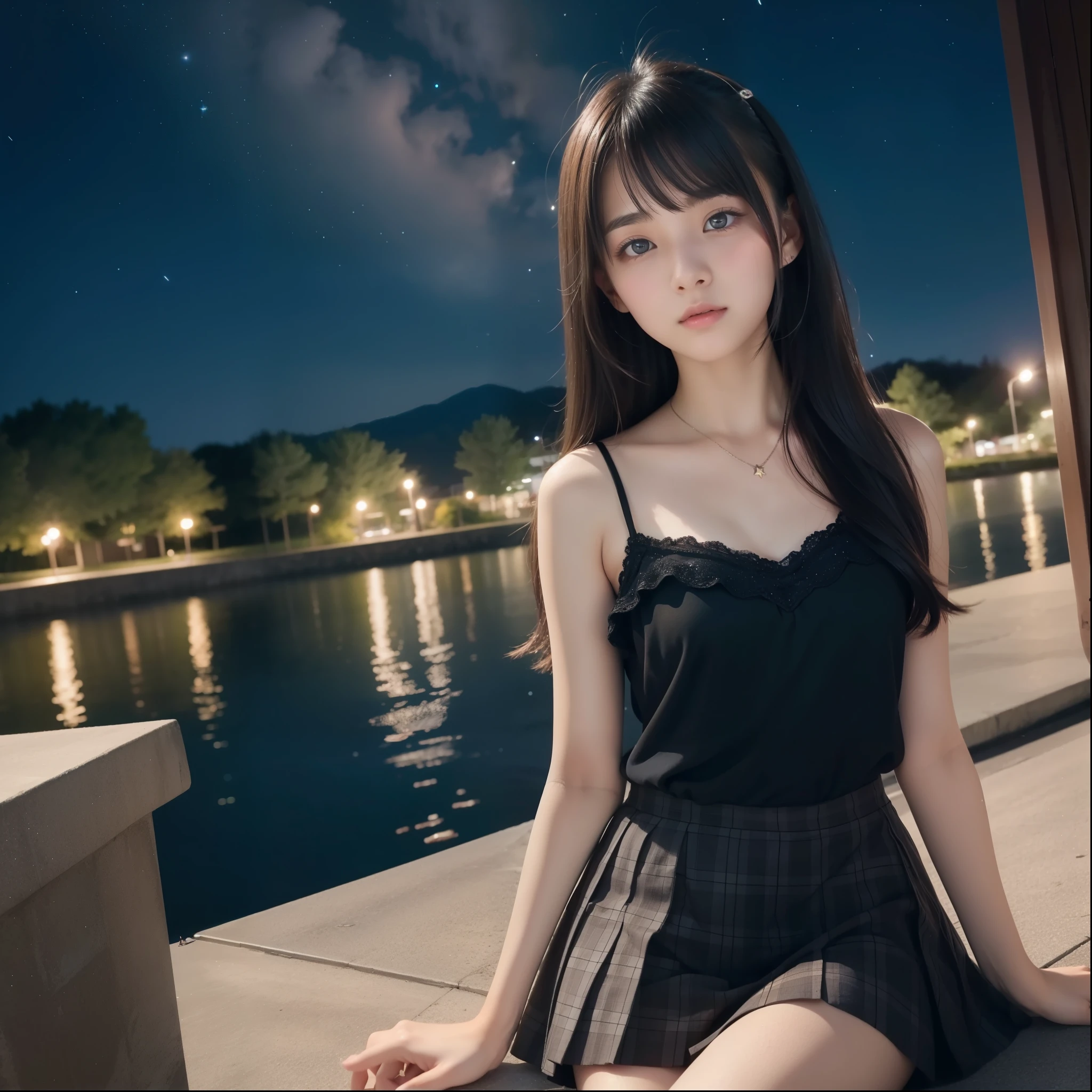 Beautiful images、universe、Fantasy、Shooting start or swarm、Teenage Girl、black eye、Hair length、Starry Sky、Japanese、high school girl、camisole、Fluttering mini skirt、