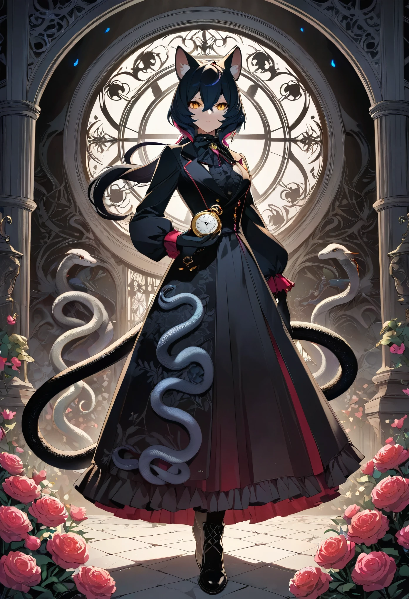 (cover page, best quality, high resolution, ultra-detailed)silhouett(kemono, furry anthro)holding striking pocket watch, surrounded by flowers, snakes and darkness, illustrative rendering, intricate details, mysterious atmosphere, vibrant colors, dynamic lighting , Gothic style,