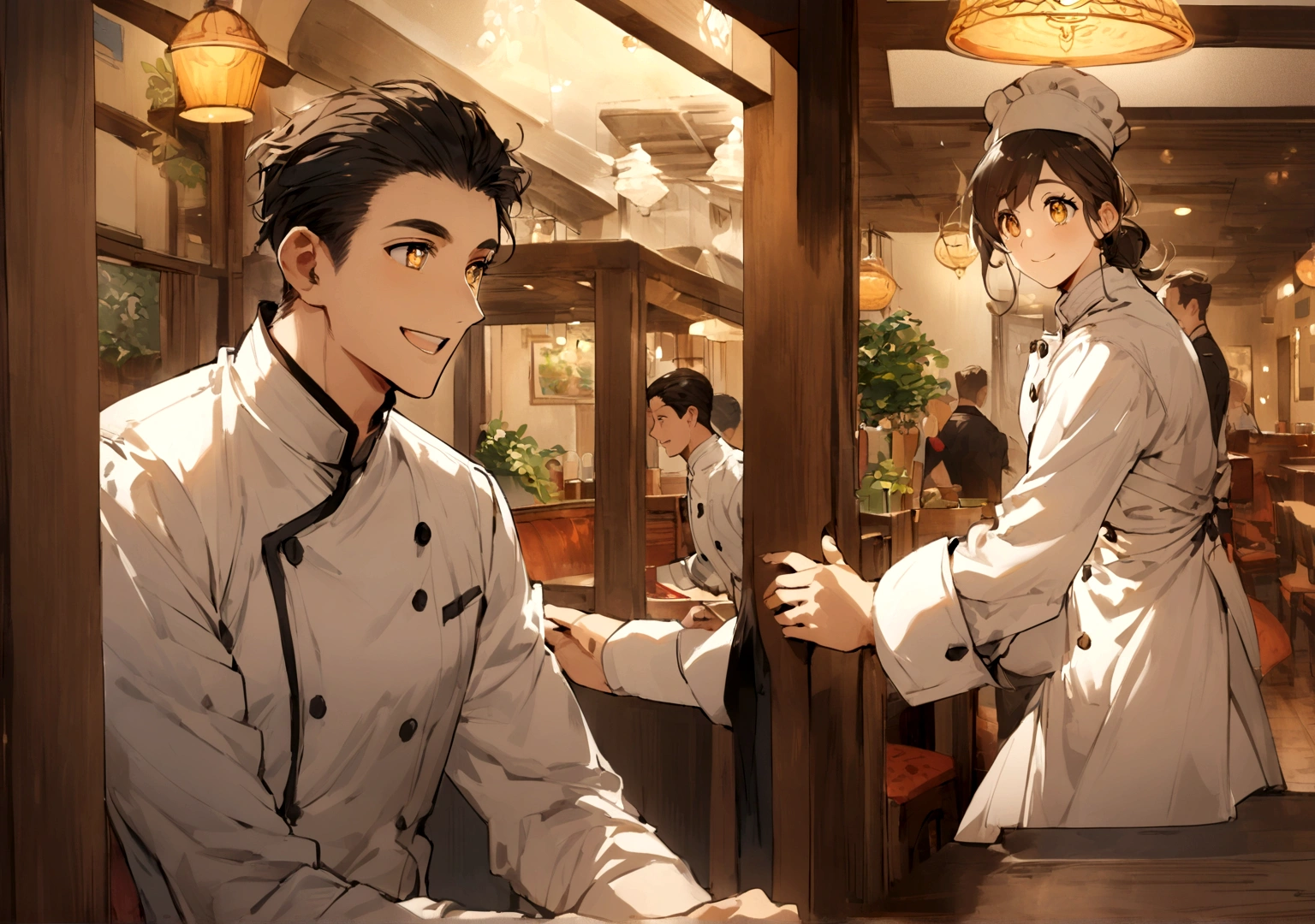 A man entering a cozy restaurant, being greeted by a smiling young chef with sparkling eyes, both exchanging meaningful glances.