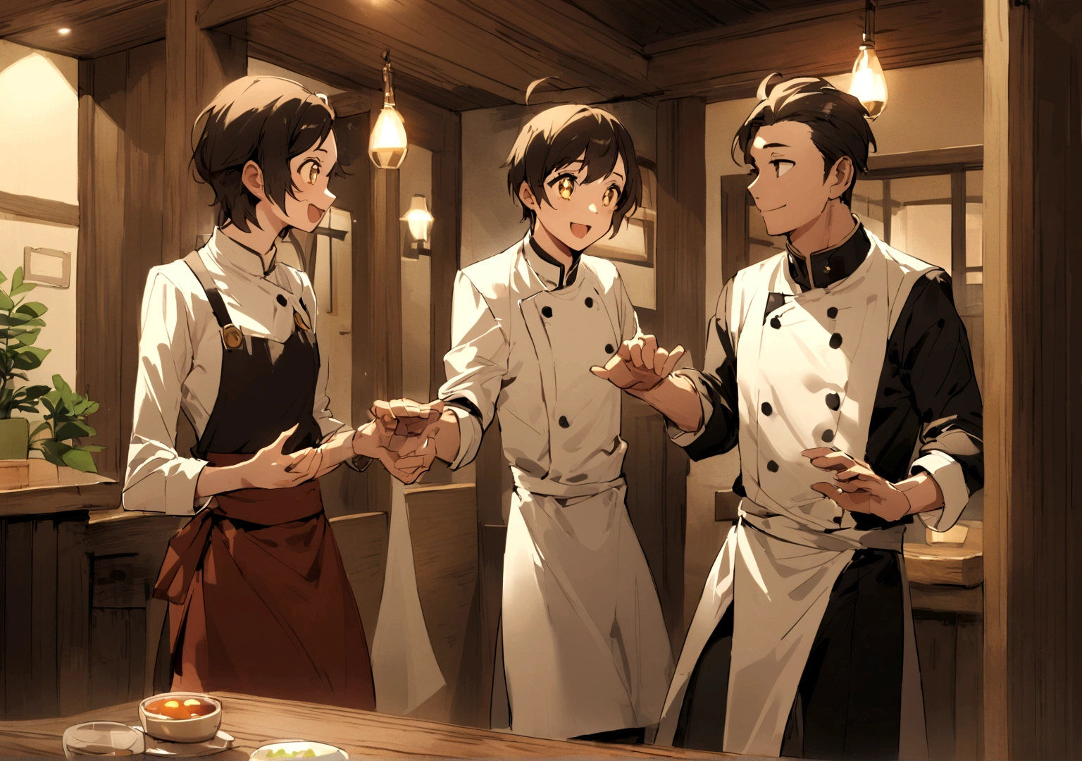 A man entering a cozy restaurant, being greeted by a smiling young chef with sparkling eyes, both exchanging meaningful glances.