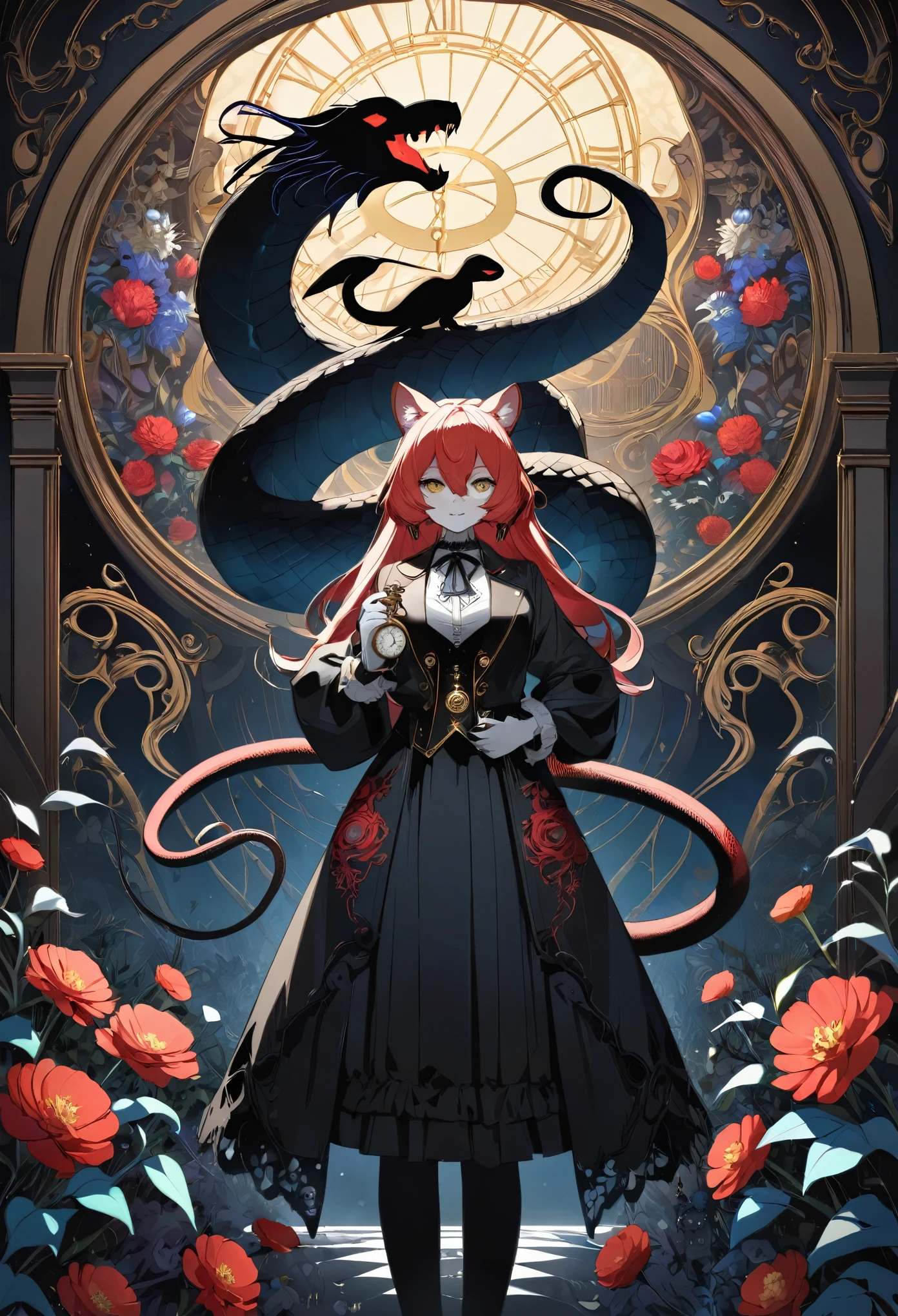 (cover page, best quality, high resolution, ultra-detailed)silhouett(kemono, furry anthro)holding striking pocket watch, surrounded by flowers, snakes and darkness, illustrative rendering, intricate details, mysterious atmosphere, vibrant colors, dynamic lighting , Gothic style,