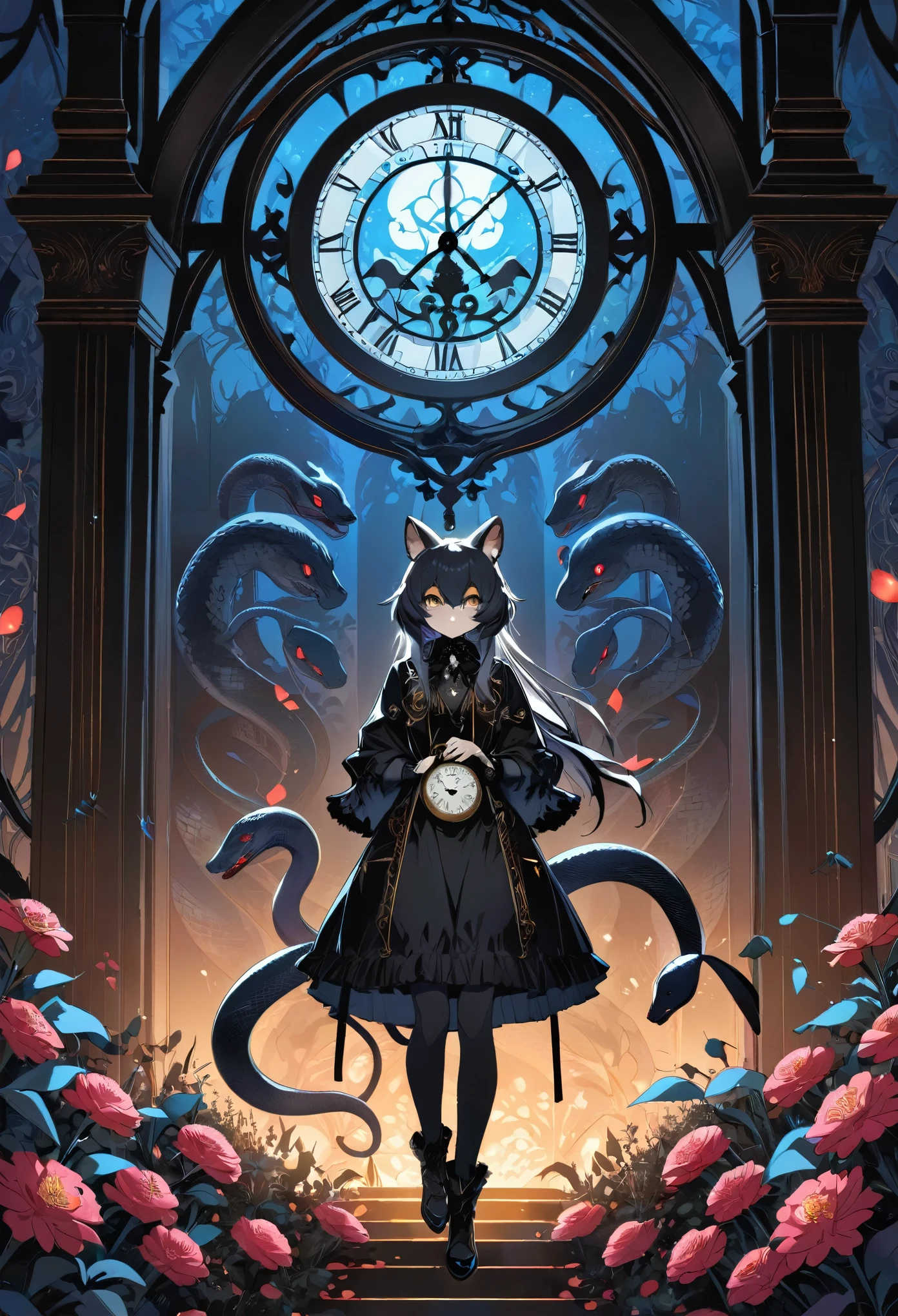 (cover page, best quality, high resolution, ultra-detailed)silhouett(kemono, furry anthro)holding striking pocket watch, surrounded by flowers, snakes and darkness, illustrative rendering, intricate details, mysterious atmosphere, vibrant colors, dynamic lighting , Gothic style,